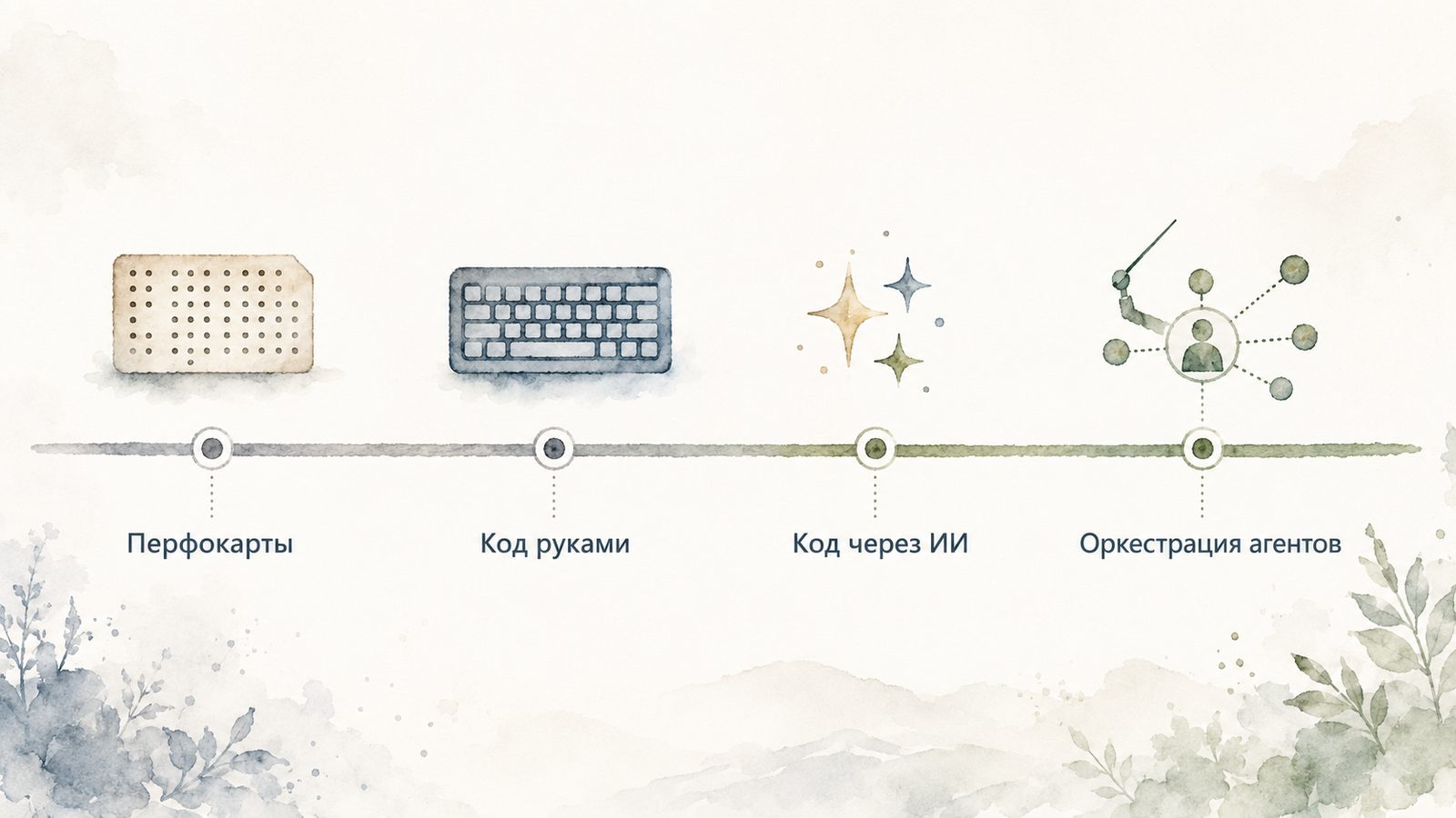 Эволюция разработки: перфокарты, код руками, код через ИИ, оркестрация агентов